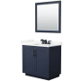 Wyndham Collection Miranda 36" Free Standing Single Basin Vanity Set with Cabinet, Quartz Vanity Top, and Framed Mirror Dark Blue / Giotto Quartz Top / Matte Black Hardware