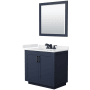 Wyndham Collection Miranda 36" Free Standing Single Basin Vanity Set with Cabinet, Quartz Vanity Top, and Framed Mirror Dark Blue / White Quartz Top / Matte Black Hardware