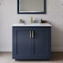 Wyndham Collection Miranda 36" Free Standing Single Basin Vanity Set with Cabinet, Marble Vanity Top, and Framed Mirror Dark Blue / White Carrara Marble Top / Brushed Gold Hardware