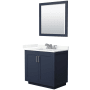 Wyndham Collection Miranda 36" Free Standing Single Basin Vanity Set with Cabinet, Quartz Vanity Top, and Framed Mirror Dark Blue / Giotto Quartz Top / Brushed Nickel Hardware