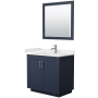 Wyndham Collection Miranda 36" Free Standing Single Basin Vanity Set with Cabinet, Quartz Vanity Top, and Framed Mirror Dark Blue / White Quartz Top / Brushed Nickel Hardware