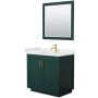 Wyndham Collection Miranda 36" Free Standing Single Basin Vanity Set with Cabinet, Quartz Vanity Top, and Framed Mirror Green / White Quartz Top / Brushed Gold Hardware