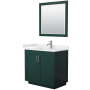 Wyndham Collection Miranda 36" Free Standing Single Basin Vanity Set with Cabinet, Quartz Vanity Top, and Framed Mirror Green / White Quartz Top / Brushed Nickel Hardware