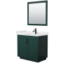 Wyndham Collection Miranda 36" Free Standing Single Basin Vanity Set with Cabinet, Quartz Vanity Top, and Framed Mirror Green / White Quartz Top / Matte Black Hardware