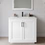 Wyndham Collection Miranda 36" Free Standing Single Basin Vanity Set with Cabinet, Cultured Marble Vanity Top, and Framed Mirror White / Carrara Cultured Marble Top / Matte Black Hardware