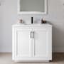 Wyndham Collection Miranda 36" Free Standing Single Basin Vanity Set with Cabinet, Cultured Marble Vanity Top, and Framed Mirror White / White Cultured Marble Top / Matte Black Hardware