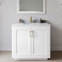 Wyndham Collection Miranda 36" Free Standing Single Basin Vanity Set with Cabinet, Marble Vanity Top, and Framed Mirror White / White Carrara Marble Top / Brushed Gold Hardware