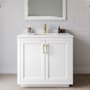 Wyndham Collection Miranda 36" Free Standing Single Basin Vanity Set with Cabinet, Cultured Marble Vanity Top, and Framed Mirror White / White Cultured Marble Top / Brushed Gold Hardware