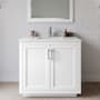 Wyndham Collection Miranda 36" Free Standing Single Basin Vanity Set with Cabinet, Cultured Marble Vanity Top, and Framed Mirror White / Carrara Cultured Marble Top / Brushed Nickel Hardware