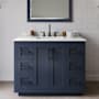Wyndham Collection Miranda 42" Free Standing Single Basin Vanity Set with Cabinet, Quartz Vanity Top, and Framed Mirror Dark Blue / Giotto Quartz Top / Matte Black Hardware