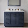 Wyndham Collection Miranda 42" Free Standing Single Basin Vanity Set with Cabinet, Quartz Vanity Top, and Framed Mirror Dark Blue / White Quartz Top / Matte Black Hardware