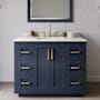 Wyndham Collection Miranda 42" Free Standing Single Basin Vanity Set with Cabinet, Quartz Vanity Top, and Framed Mirror Dark Blue / Giotto Quartz Top / Brushed Gold Hardware