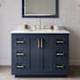 Wyndham Collection Miranda 42" Free Standing Single Basin Vanity Set with Cabinet, Quartz Vanity Top, and Framed Mirror Dark Blue / White Quartz Top / Brushed Gold Hardware