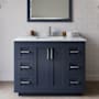 Wyndham Collection Miranda 42" Free Standing Single Basin Vanity Set with Cabinet and Marble Vanity Top Dark Blue / White Carrara Marble Top / Brushed Nickel Hardware