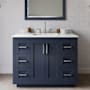 Wyndham Collection Miranda 42" Free Standing Single Basin Vanity Set with Cabinet, Quartz Vanity Top, and Framed Mirror Dark Blue / Giotto Quartz Top / Brushed Nickel Hardware