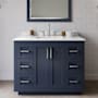 Wyndham Collection Miranda 42" Free Standing Single Basin Vanity Set with Cabinet, Quartz Vanity Top, and Framed Mirror Dark Blue / White Quartz Top / Brushed Nickel Hardware