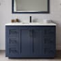 Wyndham Collection Miranda 48" Free Standing Single Basin Vanity Set with Cabinet, Quartz Vanity Top, and Framed Mirror Dark Blue / Giotto Quartz Top / Matte Black Hardware