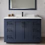 Wyndham Collection Miranda 48" Free Standing Single Basin Vanity Set with Cabinet, Quartz Vanity Top, and Framed Mirror Dark Blue / White Quartz Top / Matte Black Hardware