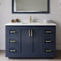 Wyndham Collection Miranda 48" Free Standing Single Basin Vanity Set with Cabinet, Quartz Vanity Top, and Framed Mirror Dark Blue / Giotto Quartz Top / Brushed Gold Hardware