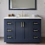 Wyndham Collection Miranda 48" Free Standing Single Basin Vanity Set with Cabinet, Quartz Vanity Top, and Framed Mirror Dark Blue / Giotto Quartz Top / Brushed Gold Hardware