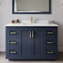 Wyndham Collection Miranda 48" Free Standing Single Basin Vanity Set with Cabinet, Quartz Vanity Top, and Framed Mirror Dark Blue / White Quartz Top / Brushed Gold Hardware