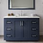 Wyndham Collection Miranda 48" Free Standing Single Basin Vanity Set with Cabinet, Quartz Vanity Top, and Framed Mirror Dark Blue / Giotto Quartz Top / Brushed Nickel Hardware