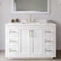 Wyndham Collection Miranda 48" Free Standing Single Basin Vanity Set with Cabinet, Quartz Vanity Top, and Framed Mirror White / White Quartz Top / Brushed Gold Hardware