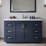 Wyndham Collection Miranda 54" Free Standing Single Basin Vanity Set with Cabinet, Marble Vanity Top, and Framed Mirror Dark Blue / White Carrara Marble Top / Brushed Gold Hardware