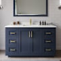 Wyndham Collection Miranda 54" Free Standing Single Basin Vanity Set with Cabinet and Quartz Vanity Top Dark Blue / White Quartz Top / Brushed Gold Hardware
