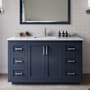 Wyndham Collection Miranda 54" Free Standing Single Basin Vanity Set with Cabinet, Marble Vanity Top, and Framed Mirror Dark Blue / White Carrara Marble Top / Brushed Nickel Hardware