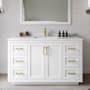 Wyndham Collection Miranda 54" Free Standing Single Basin Vanity Set with Cabinet, Cultured Marble Vanity Top, and Framed Mirror White / Carrara Cultured Marble Top / Brushed Gold Hardware