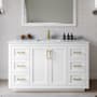 Wyndham Collection Miranda 54" Free Standing Single Basin Vanity Set with Cabinet, Marble Vanity Top, and Framed Mirror White / White Carrara Marble Top / Brushed Gold Hardware