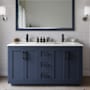 Wyndham Collection Miranda 60" Free Standing Double Basin Vanity Set with Cabinet, Quartz Vanity Top, and Framed Mirror Dark Blue / Giotto Quartz Top / Matte Black Hardware