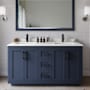 Wyndham Collection Miranda 60" Free Standing Double Basin Vanity Set with Cabinet, Quartz Vanity Top, and Framed Mirror Dark Blue / White Quartz Top / Matte Black Hardware