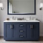 Wyndham Collection Miranda 60" Free Standing Double Basin Vanity Set with Cabinet, Quartz Vanity Top, and Framed Mirror Dark Blue / White Quartz Top / Brushed Nickel Hardware