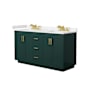 Wyndham Collection Miranda 60" Free Standing Double Basin Vanity Set with Cabinet and Cultured Marble Vanity Top Green / Carrara Cultured Marble Top / Brushed Gold Hardware