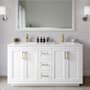 Wyndham Collection Miranda 60" Free Standing Double Basin Vanity Set with Cabinet, Cultured Marble Vanity Top, and Framed Mirror White / Carrara Cultured Marble Top / Brushed Gold Hardware