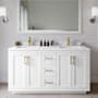 Wyndham Collection Miranda 60" Free Standing Double Basin Vanity Set with Cabinet, Cultured Marble Vanity Top, and Framed Mirror White / White Cultured Marble Top / Brushed Gold Hardware