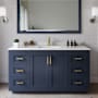 Wyndham Collection Miranda 60" Free Standing Single Basin Vanity Set with Cabinet, Cultured Marble Vanity Top, and Framed Mirror Dark Blue / Carrara Cultured Marble Top / Brushed Gold Hardware