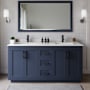 Wyndham Collection Miranda 66" Free Standing Double Basin Vanity Set with Cabinet, Cultured Marble Vanity Top, and Framed Mirror Dark Blue / Carrara Cultured Marble Top / Matte Black Hardware