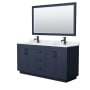Wyndham Collection Miranda 66" Free Standing Double Basin Vanity Set with Cabinet, Marble Vanity Top, and Framed Mirror Dark Blue / White Carrara Marble Top / Matte Black Hardware