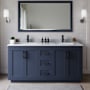 Wyndham Collection Miranda 66" Free Standing Double Basin Vanity Set with Cabinet and Marble Vanity Top Dark Blue / White Carrara Marble Top / Matte Black Hardware