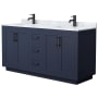 Wyndham Collection Miranda 66" Free Standing Double Basin Vanity Set with Cabinet and Marble Vanity Top Dark Blue / White Carrara Marble Top / Matte Black Hardware