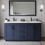 Wyndham Collection Miranda 66" Free Standing Double Basin Vanity Set with Cabinet, Quartz Vanity Top, and Framed Mirror Dark Blue / Giotto Quartz Top / Matte Black Hardware