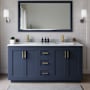 Wyndham Collection Miranda 66" Free Standing Double Basin Vanity Set with Cabinet and Marble Vanity Top Dark Blue / White Carrara Marble Top / Brushed Gold Hardware