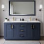 Wyndham Collection Miranda 66" Free Standing Double Basin Vanity Set with Cabinet, Cultured Marble Vanity Top, and Framed Mirror Dark Blue / White Cultured Marble Top / Brushed Gold Hardware