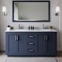 Wyndham Collection Miranda 66" Free Standing Double Basin Vanity Set with Cabinet and Marble Vanity Top Dark Blue / White Carrara Marble Top / Brushed Nickel Hardware