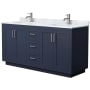 Wyndham Collection Miranda 66" Free Standing Double Basin Vanity Set with Cabinet and Marble Vanity Top Dark Blue / White Carrara Marble Top / Brushed Nickel Hardware
