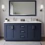 Wyndham Collection Miranda 66" Free Standing Double Basin Vanity Set with Cabinet and Quartz Vanity Top Dark Blue / White Quartz Top / Brushed Nickel Hardware