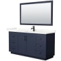 Wyndham Collection Miranda 66" Free Standing Single Basin Vanity Set with Cabinet, Quartz Vanity Top, and Framed Mirror Dark Blue / Giotto Quartz Top / Matte Black Hardware